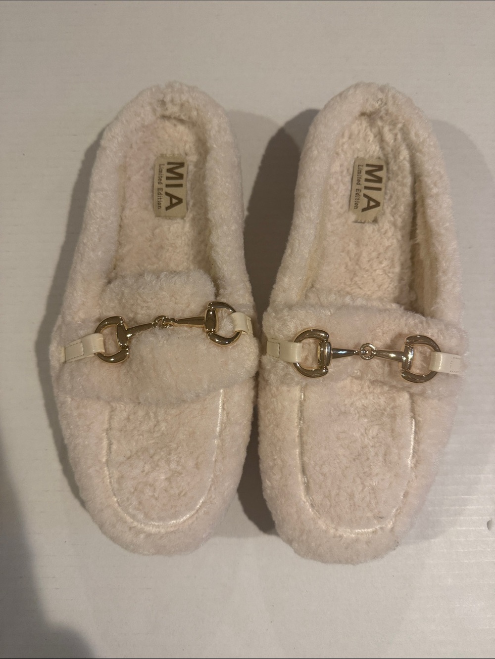MIA Cream Faux-Shearling Loafers with Gold Horsebit